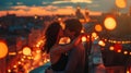 Romantic lovers kiss with cityscape backdrop on Valentine\'s Day