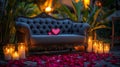 Romantic Loveseat Decorated With Hearts And Rose Petals Royalty Free Stock Photo