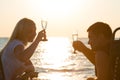 A loving couple drinks champagne on the beach. Romantic. Royalty Free Stock Photo