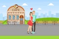 Romantic Loving Couple Standing and Hugging in Front of Cafe Building, Happy Young Man and Woman on Romantic Date Vector Royalty Free Stock Photo