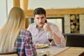 Romantic lunch in a fancy restaurant.couple sitting and eating at lunch time Royalty Free Stock Photo