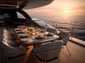 romantic lunch on motor yacht at sunset, Table setting at a luxury yacht. Created with Generative AI technology. Royalty Free Stock Photo
