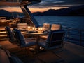 romantic lunch on motor yacht at sunset, Table setting at a luxury yacht. Created with Generative AI technology. Royalty Free Stock Photo