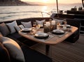 romantic lunch on motor yacht at sunset, Table setting at a luxury yacht. Created with Generative AI technology. Royalty Free Stock Photo