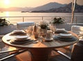 romantic lunch on motor yacht at sunset, Table setting at a luxury yacht. Created with Generative AI technology. Royalty Free Stock Photo