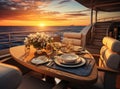 romantic lunch on motor yacht at sunset, Table setting at a luxury yacht. Created with Generative AI technology. Royalty Free Stock Photo