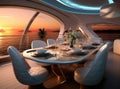 romantic lunch on motor yacht at sunset, Table setting at a luxury yacht. Created with Generative AI technology. Royalty Free Stock Photo