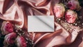 Romantic Blank Card Mockup with Pink Peony Roses on Silk Fabric Generative AI Royalty Free Stock Photo