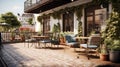 Romantic luxurious style Terrace with wooden deck lots of plants and armchairs