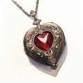 Romantic Manga Style Locket With Garnet Drawing - Photorealistic Red Ornate Pendant