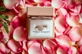 A romantic marriage proposal setup with a diamond engagement ring in a box surrounded by soft pink rose petals and a Will you Royalty Free Stock Photo