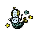 Romantic mermaid with star and fish hand drawn doodle illustration. Royalty Free Stock Photo