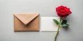 Romantic message kraft envelope, blank card, and single red rose. Generative AI Royalty Free Stock Photo