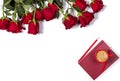 Romantic mockup. Beautiful bunch of large red roses, book, color pencils and small cup of coffee on white background. Royalty Free Stock Photo