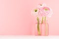 Romantic modern home interior with pink buttercup flowers in bottles on white wood table with copy space.