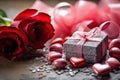 Romantic Moments Creative Love Background with Hearts, Gift, and Red Roses Royalty Free Stock Photo