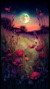 Romantic Moonlit Field: A Stunning Display of Deep-Colored Poppies and Moonbeams