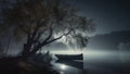 romantic moonlit riverfront cold fog AI Generative Image