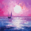 Romantic Moonlit Seascapes: Acrylic Color Sunset With Sail Boat
