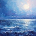 Romantic Moonlit Seascapes: Blue Ocean Night Oil Painting
