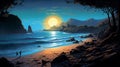 Romantic Moonlit Seascapes: Fantasy Illustration Of Hill On The Beach By Mike Mayhew