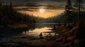 Romantic Moonlit Seascapes: Hyper-detailed Sunset Painting Of A Lake In A Forest