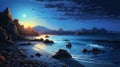 Romantic Moonlit Seascapes: Mike Mayhew\'s Fantasy Illustration Of A Mountain On The Beach