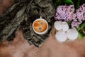 Romantic morning breakfast background. Cup of coffee, platter with marshmallows and spring flowers. Coffee time. Top view.