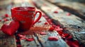 Romantic morning coffee cup with heart shaped steam rising on a rustic wooden background