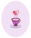 Romantic morning coffee in a pink cup with hearts flowing above