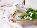 Romantic morning.A coffee table in a pink bed end flowers