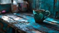 romantic morning heart shaped steam rising from traditional coffee cup on rustic wood