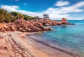 Romantic morning scene of popular touris deastination - Capriccioli beach. Wonderful summer view of public beach with sand Royalty Free Stock Photo