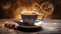 Romantic morning vibes traditional coffee cup with heart shaped steam on rustic wood