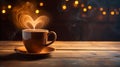 Romantic morning vibes traditional coffee cup with heart shaped steam on rustic wood background Royalty Free Stock Photo