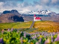 Romantic morning view of ice iconic church - Ingjaldsholl. Sunny summer scene of Iceland with field of blooming lupine flowers and