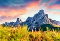 Romantic morning view of peak Ra Gusela, Averau - Nuvolau group from Passo di Giau. Marvelous summer sunrise in Dolomiti Alps, Cor