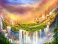 Romantic mountain landscape with waterfalls and columns, background, digital art Royalty Free Stock Photo