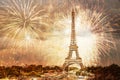 romantic New Year destination Eiffel tower with fireworks Paris, France Royalty Free Stock Photo