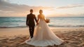 Romantic newlywed couple holding hands on beach at sunset, silhouetted against vast golden horizon Royalty Free Stock Photo