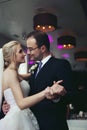 Romantic newlyweds, bride and groom first dance, holding hands, Royalty Free Stock Photo