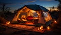 Romantic night camping tent, fire, lantern, sunset, relaxation, nature generated by AI Royalty Free Stock Photo