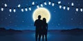 Romantic night couple in love at the sea with full moon and fairy lights Royalty Free Stock Photo