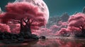 Romantic night scene. Beautiful cherry blossom sakura flowers in night skies with full moon Royalty Free Stock Photo