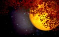 Romantic night sky with large moon range color ,beautiful sprawling branches red leaves in skies, universe and stars,Concept story