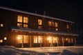 Romantic night in a snowy mountain hostel with all lights on