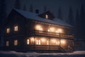 Romantic night in a snowy mountain hostel with all lights on