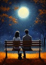 Romantic Night Under the Autumn Moon: A Couple's Date on a Park Bench