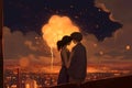 Romantic Night Under the Stars and moon Couple Shares an Intimate Kiss. Neural network AI generated