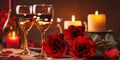 Valentine Day omantic evening glasses of wine , Roses flowers,petal and candles blurred light on table street cafeevening Royalty Free Stock Photo